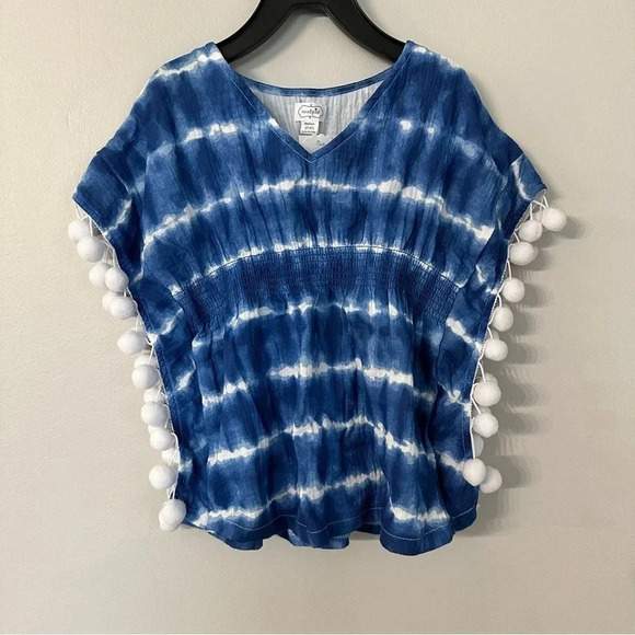 Mud Pie Girls Beach Swimsuit Cover Up Blue Tie Dye with Pom Poms Sz 2T-3T NWT - Picture 2 of 8